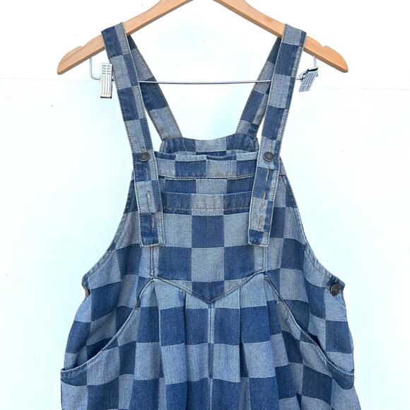 New Dressed in LALA Big Feelings Oversized Denim Checker Overalls Wide Leg Small - Picture 7 of 11
